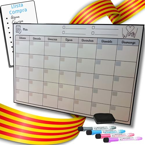 CALENDARI MAGNÈTIC EN CATALÀ - Organitzador Setmanal per Nevera amb Pissarra per Llista de Compra, 4 retoladors Magnètics i Esborrador | Planificador diari per Famílies (Entrega Ràpida a Catalunya)