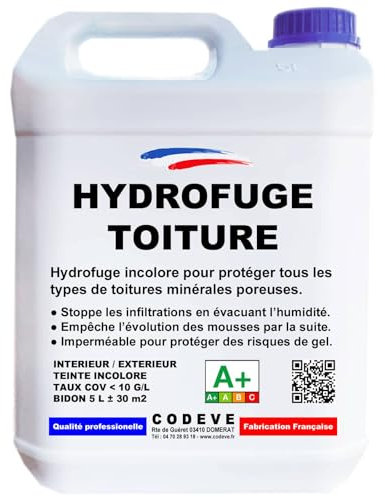 Hydrofuge Toiture - Codeve Bois - 5 L - Intérieur/extérieur - Pour Toiture En Tuile, Ardoise, Terre Cuite, Béton, Fibrociment, Lauze.