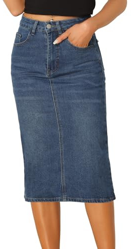 Allegra K Jupe en Jean décontractée pour Femmes, Taille Haute, Extensible, mi-Longue Bleu S