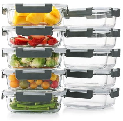 Cuiselect 10 Pack 22 Oz Glass Meal Prep Containers with Lids, Reusable Glass Food Storage Containers with Lids, Leak Proof, Microwave, Oven, Freezer and Dishwasher Safe (Gray)