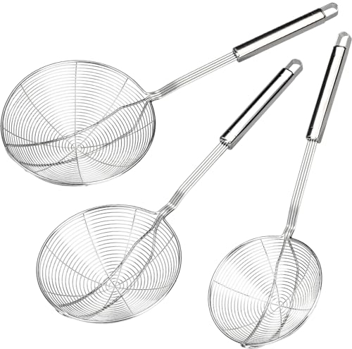 HATANSE 3 Pezzi Schiumarola in Acciaio Inox 17.5 15.5 13.5 cm Ragno Cucina Colino Fritto con Maniglia per Cucinare, Friggere, MQ-BigLouSao-3pcs