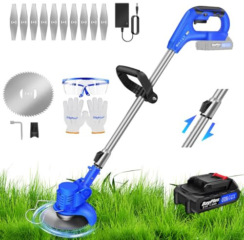 Tagliabordi elettrico, decespugliatore a batteria da 21V 1,5Ah, testina regolabile e manico telescopico 2 tipi di lama, 10 lame in metallo per prato e giardino