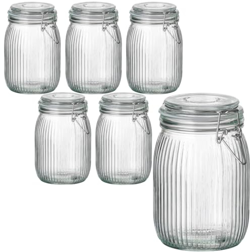 gouveo BG1000R Lot de 6 bocaux de conservation en verre cannelés avec bouchon à étrier 1000 ml – Bocaux de rangement pour la cuisine et la maison