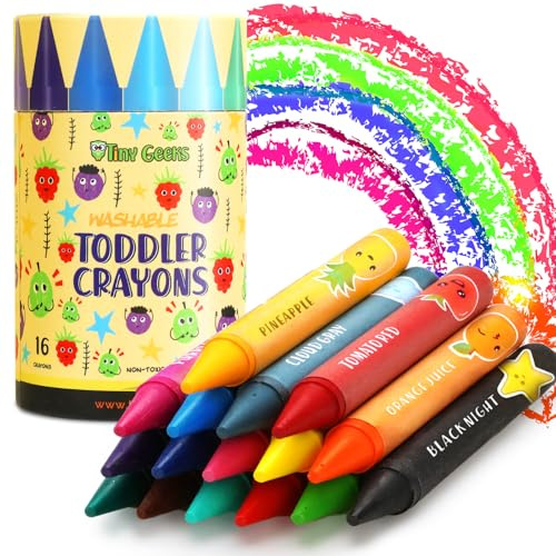 TinyGeeks 16 Colors Jumbo Crayons - Non-Toxic & Washable Crayons for Toddlers Ages 1-3 & Kids Ages 4-8 - Easy-to-Hold - Large - Great for Travel with Toddlers 2-4 Years