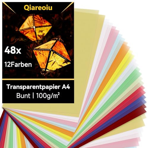 Qiareoiu 48 Blatt Transparentpapier Bunt, Transparentpapier a4, Pergamentpapier zum Bedrucken,12 Farben inkl. Gold & Silber, Pergamentpapier zum Basteln von Laternen