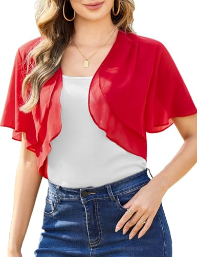 Aottori kvinnor Bolero shrug sommar chiffong beskurna koftor damer kortärmad öppen framsida sjal toppar avslappnad lätt cardigan UK, Röd, M
