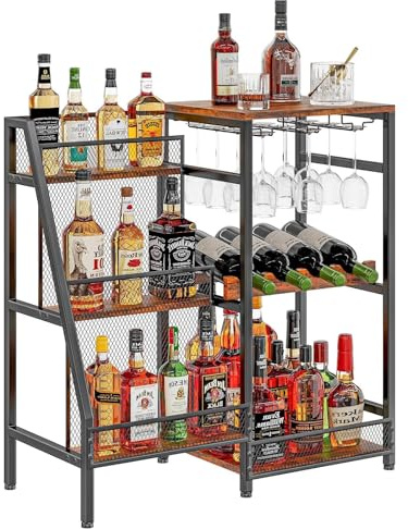 Warmiehomy Trapezoidal Display Wine Racks Free Standing with Wine Bottle Holder Wine Glass Rack 3-Tier Industrial Vintage Storage Rack Shelf for Indoor Home Bar Living Room Bedroom Kitchen Dining Room