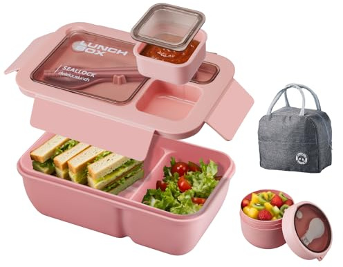 Nymblis Lunch Box Set, Leakproof Bento Box with Compartments, Pink | with Insulated Lunch Bag, 850 ml Lunchbox, 600 ml Oats Container, Microwave Safe, for Adults, Kids, Office, School, Picnic