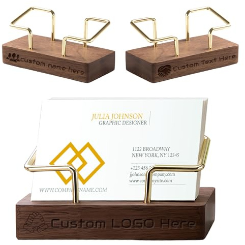Porta biglietti da visita personalizzato, espositore in legno con incisione nome o logo, organizer da ufficio in noce nero e metallo