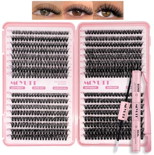 Moyutt Fluffiga individuella ögonfrans-kit 640 st klusterfransar 40D + 50D + 60D + 80D ögonfransförlängningskit 8-16 mm ryska D-curl, fransar med fransbindning och borttagningspincett dubbeländad