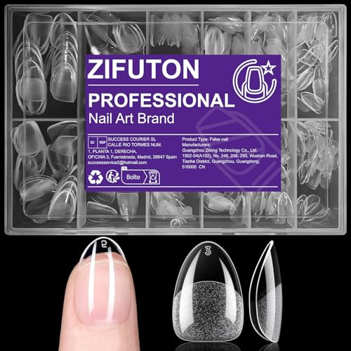 ZIFUTON 480 Pcs Capsule Americaine Ongle Amande Extra Court, 12 Tailles Faux Ongles Transparent Gel Doux Préformé Full Cover Soft Gel Nail Tips Pour Diy Nail Art