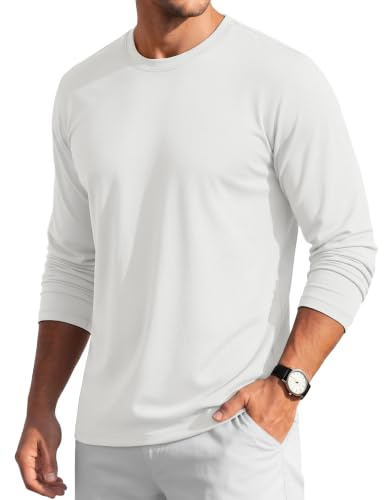 MAGCOMSEN Men's Long Sleeve T-Shirt Cotton Breathable T-Shirts Crew Neck Moisture Wicking Casual Tops,White,M