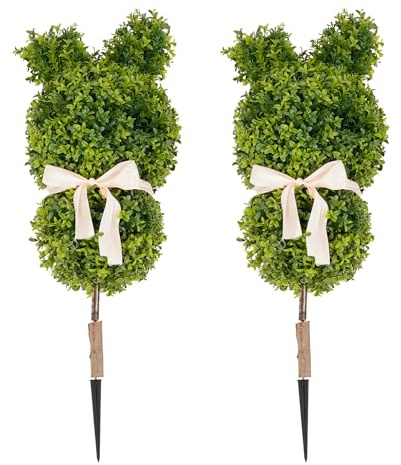 DOPBENT Bunny Topiary, 2 pezzi da 90 cm, bosso artificiale, coniglietto da giardino, conigli pasquali con picchetto per esterni, decorazione da giardino