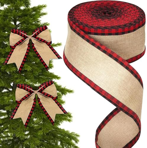 Geschenkband Weihnachten Breit, Juteband mit Draht Schleifenband Sackleinen Dekoband Schleifen Band zum Basteln, Weihnachtsbänder für Geschenk Weihnachtskranz Weihnachtsbaum 6.4CM*10M Rot Schwarz