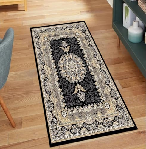 QQrunner Alfombra de cocina larga, vintage, venta por metros, color negro, 100 x 550 cm, antideslizante, lavable, pasillo, pasillo, poliéster, salón, alfombra atrapa la suciedad