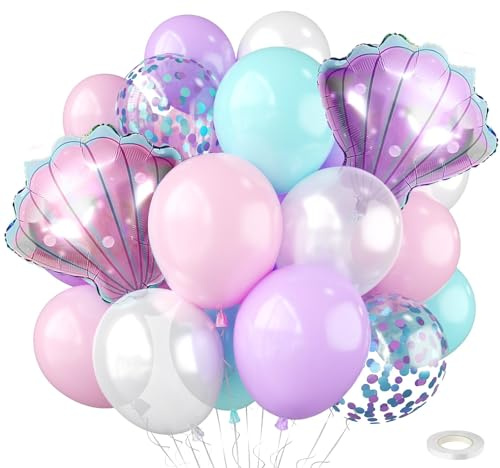 Mermaid Balloons with Seashell Foil Balloons,Pastel Pink Purple Teal Pearl White Confetti Balloons,for Birthday Decorations Sea Theme Baby Shower Party Supplies