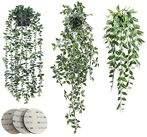 Artificial Hanging Plant, 3pcs Fake Hanging Plant, Fake Plant, Small Eucalyptus Faux Greenery, Vine Plant in Pot for Home Indoor Room Outdoor Office Wedding Wall Decoration