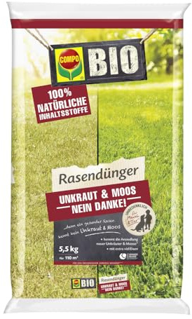 COMPO BIO Rasendünger Unkraut & Moos Stopp, 5,5 kg für 110 m² - verhindert Ansiedlung von Moos und Unkräutern - 100% natürliche Inhaltsstoffe