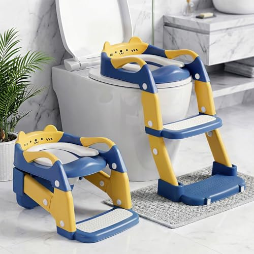 Riduttore Wc Bambini, 2 in 1 Vasino Per Bambini Wc | Scaletta Wc Per Bambini, Altezza Regolabile, Pedale Allungato e Cuscino in PVC, Antiscivolo e Leggero, Blu Giallastro