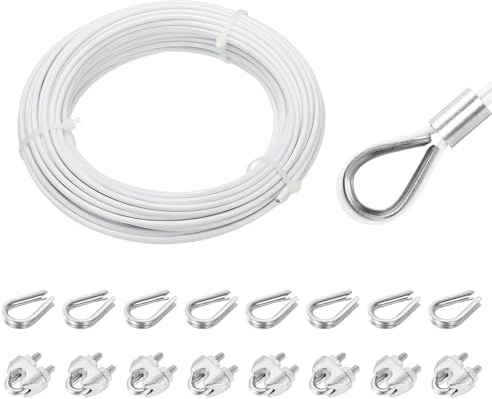 QUARKZMAN 20 meter x 3 mm vajerlina i rostfritt stål, stålvajer spänntråd med 8 x vajerlinjeklämma och 8 x presshylsa, rostfritt stålsnöre 304 gardinrep tv?ttlina för kl?tterv?xter, Vit