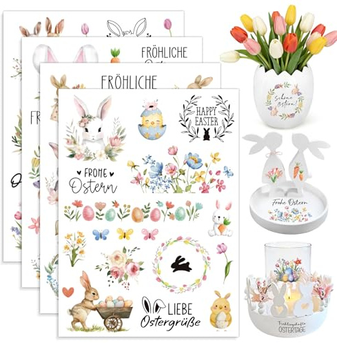 4 Blätter Rub On Sticker Ostern Bunte Sprüche Ostern Aufkleber Frohe Ostern Sticker Ostereier Osterhasen Blumen Transferaufkleber Rub On Folie Frühling für Scrapbooking Glas Möbel Glas Holz Keramik