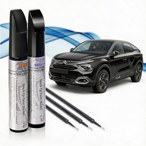 Asturcolor Reparador Arañazos Coche, Lápiz Retoque Automóvil, Bolígrafo Reparaarañazos, 2 Piezas Pintura Retoque Citroen con Base + Laca, Fabricado en España (KTV NEGRO PERLA)