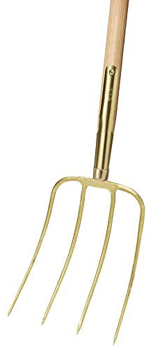 IDEAL Dunggabel Nord mit 4 Zinken – gold lackiert, stabile Schienenzwinge, Eschen-Langstiel 135 cm – robust und langlebig für Stallarbeiten, Hof und Garten – ergonomisch & effizient einsetzbar