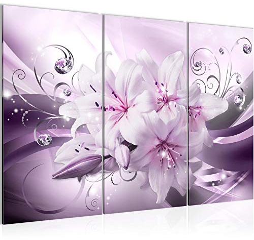 Runa Art Wandbilder Blumen Lilien Bild XXL Wohnzimmer Schlafzimmer Violett Lila Diamant 120 x 80 cm 3 Teilig 020131b