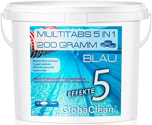 GlobaClean Chlor Multitabs 5 in 1-200g Chlortabletten für Pool - 5kg Blau - 5-Phasen Wirkung für sichere und saubere Poolpflege - Made in Europe - für kristallklares und hygienisches Poolwasser