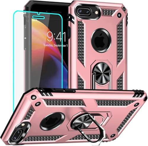 Yiakeng iPhone 8 Plus Hülle, iPhone 7 Plus Hülle mit Schutzfolie, Stoßfest Schutzhülle Mit Ring Standfunktion Case Cover für iPhone 8 Plus/7 Plus (Roségold)