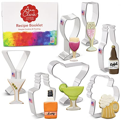 Ann Clark 7-Pc Cocktail Party Cookie Cutter Set (Champagne, Wine, Martini, Margarita, and More) Made in USA | Includes: Champagne Glass, Wine Glass, Martini Glass & More, America's Largest Cookie Cutter Maker, Food-Safe American Steel