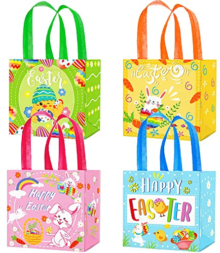 4 Pack Easter Tote Bags with Handles, Non-Woven Reusable Gift Bag Bunny Easter Egg Hunt Party Treat Bag Waterproof Reusable Goodie Bag for Holiday Favors