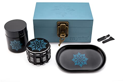 MYSTE BLUE MANDALA Stash Box mit Zubehör, groß Grinder 63mm, geruchsdichtes Set, Stashbox Combo Kit verschließbar, Rolling Tray Set