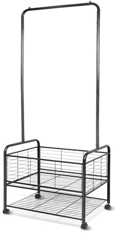 Fishat Black Metal Rolling Laundry Hamper Butler Cart Basket with Hanging Garment Clothes Rack, Storage Organizer with Mobile Wheels