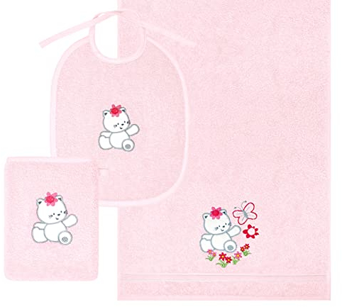 Lashuma Sparset für Neugeborene rosa, 3 Stück Frotteetücher mit Stick: Katze, Babytücher Geschenkset Mädchen