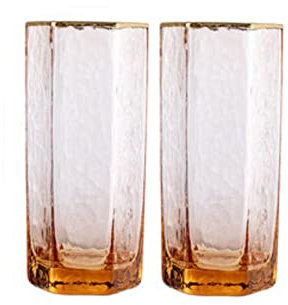 Drinking Glasses 2 PCS Drinking Glasses Creative Hexagonal Hammered Glass Cups Gold Rim Champagne Glass, Wine Glass,Whisky Glass, Water Glass Glass Cup (Color : E)