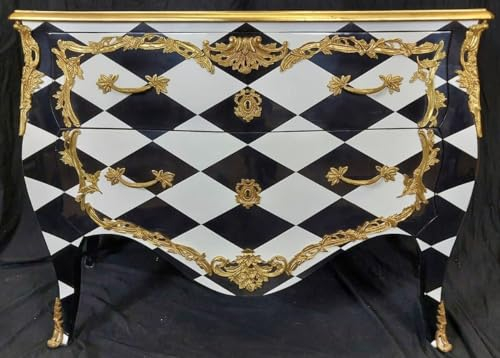 Casa Padrino cómoda Barroco con diseño de Cuadros y 2 cajones Negro/Blanco/Oro - Cómoda de Madera Maciza Hecho a Mano Estilo Barroco - Muebles de Dormitorio Estilo Barroco - Muebles barrocos