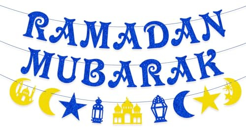 AhfuLife RM Deko, Ramadan Mubarak Dekoration Set - Vormontiert Aid Mubarak Banner Stern Mond Ramadan Girlande mit 14 Stück Gold Blau Weiß für Ramadan Kareem Party Deko
