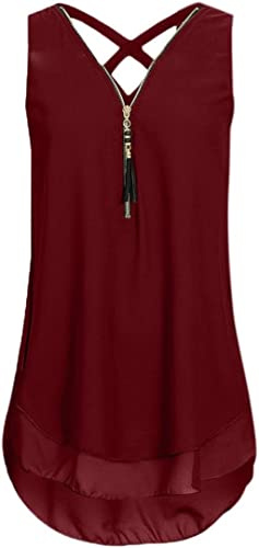 MQYXGS Damen Reißverschluss V-Ausschnitt Top ärmelloses Chiffon-Shirt Große Größe lose Weste Hemd Basic Solid Color Tank Top Tunika Tops T-Shirt Oberteil Bluse Schwarz Blau S M L XL XXL 3XL 4XL 5XL