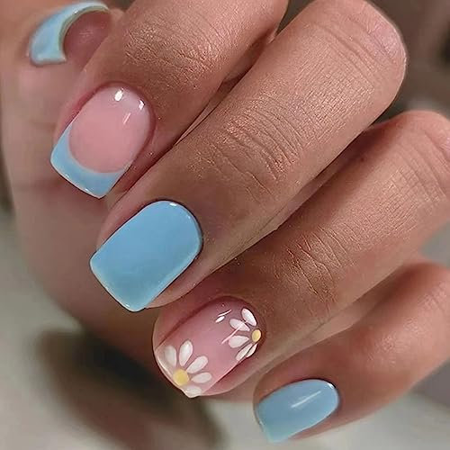 Ceboic 24Pcs False Nails Short, Glossy Square Stick on Nails, Acrylic Full Cover French Tip Press on Nails, Reusable Solid Color Nail with Flower Design for Women and Girls Nail Art - Sky Blue