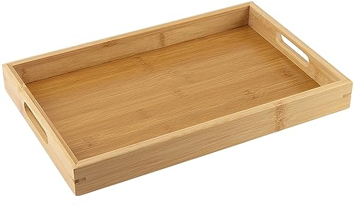 NAMYEUT 1 Stück Bambus Serviertablett mit Griffen, 35 x 22 x 4 cm Holztablett Rechteckig Holz Serviertablett Bambus Tablett für Speisen, Ideal zum Tragen von Speisen und Getränken