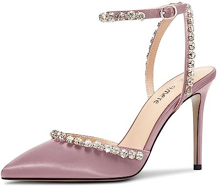 Castamere Donna Spillo Alto High Tacco Heel a Punta Cinturino alla Caviglia Diamante Cristallo Pumps Ballo Raso 10 CM Heels Rosa Pesca 43 EU