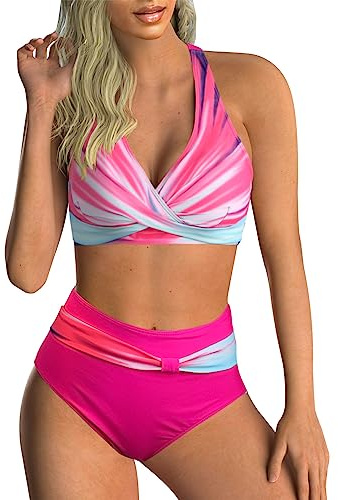 Adigaber Traje de Baño para Mujer Estampado Floral Cuello en V Dos Piezas Conjunto Bañador Control de Vientre de Cintura Alta Bikini