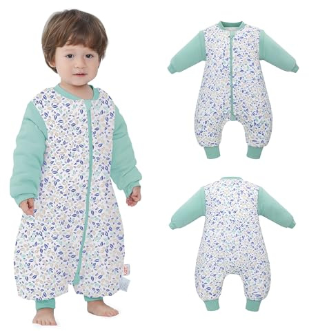 Baby Winter Schlafsack mit Füßen langen Ärmeln, Schlafsack Baby mit abnehmbaren Ärmeln,2.5tog Herbst Winter Schlafdecke für Säugling Kinder 1-3 Jahre alt von 70 bis 90 cm 100% Bio-Baumwolle Grün