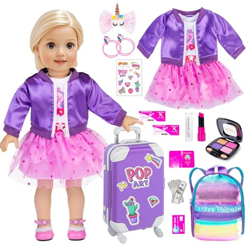 Lot de 24 valises américaines de 45,7 cm pour fournitures scolaires et accessoires de jeu comprenant manteau, robe, sac d'école, autocollants et jouets pour argent
