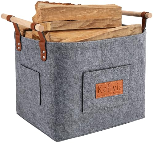 Holzkorb für Kaminholz Groß Filz Kaminholzkorb Transport und Lagerung Feuerholz Holzkorb für Kamin Zeitungen Kleidung Mit 2 Seitentaschen (42 * 32 * 40cm) Hellgrau