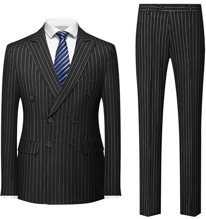 MOGU Mens Double Breasted Pinstripe Suit 2 Piece Slim Fit Tuxedo Formal Jacket and Pants for Business Wedding Prom, Black, S