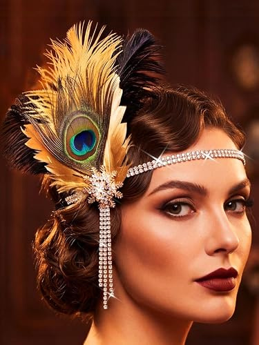 IYOU 1920s Gatsby Stirnband Schwarz Pfauen feder Flapper Kopfschmuck Strass Vintage Prom Festival Kostüm Haarschmuck für Frauen