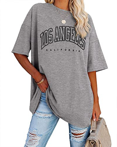 Ebifin - Maglietta oversize da donna, a maniche corte, con scollo rotondo, in stile vintage con scritta “Los Angeles”, informale e casual, adatta come capo basic per l’estate