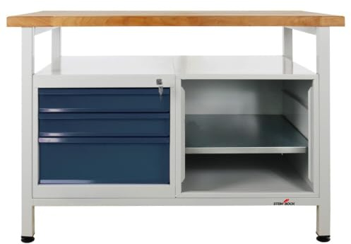 Steinbock Werkbank 3 Schubladen + Regal + Boden | 120x84x60 cm | 300 kg | Grau | 300 kg Tragkraft | 4 cm geölte Massivholz-Arbeitsplatte aus Buche | stabiles Stahlgestell | Werktisch | Made in EU